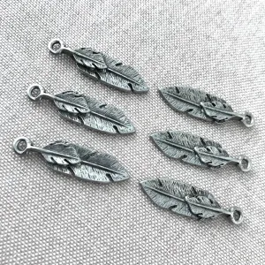 Antique Silver Feather Charms - 30mm - Antique Silver Cast Pewter - Pack of 6 Charms