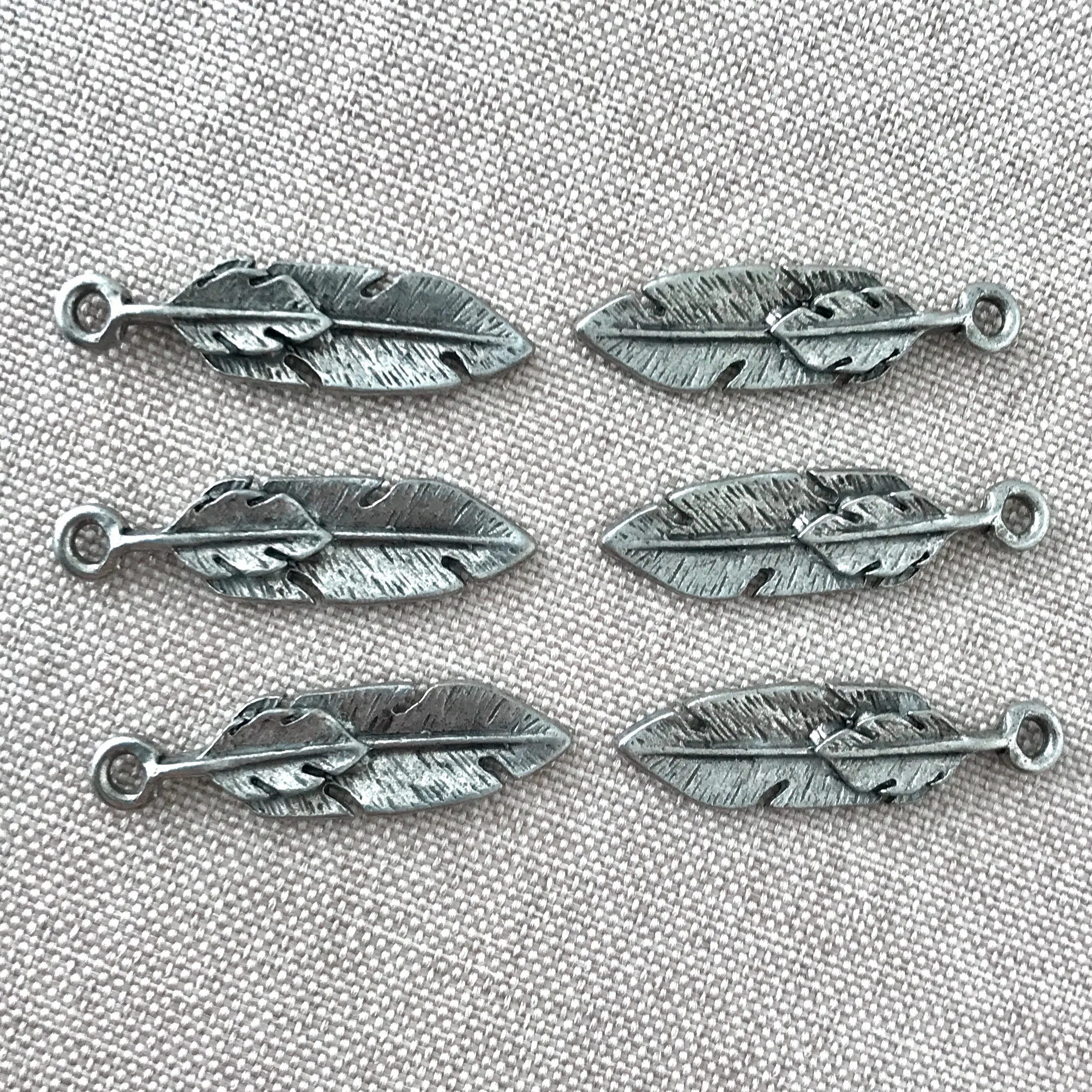 Antique Silver Feather Charms - 30mm - Antique Silver Cast Pewter - Pack of 6 Charms