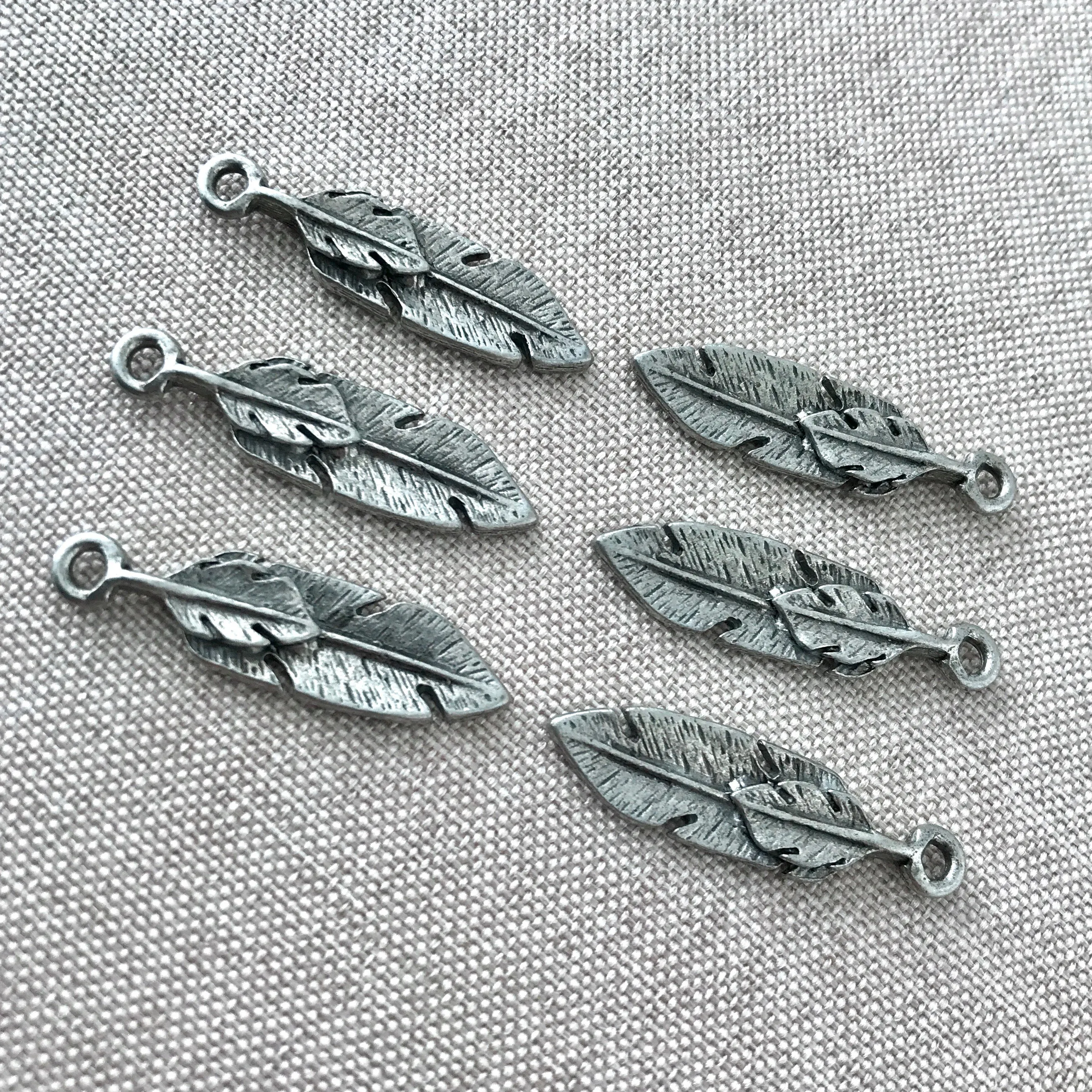 Antique Silver Feather Charms - 30mm - Antique Silver Cast Pewter - Pack of 6 Charms