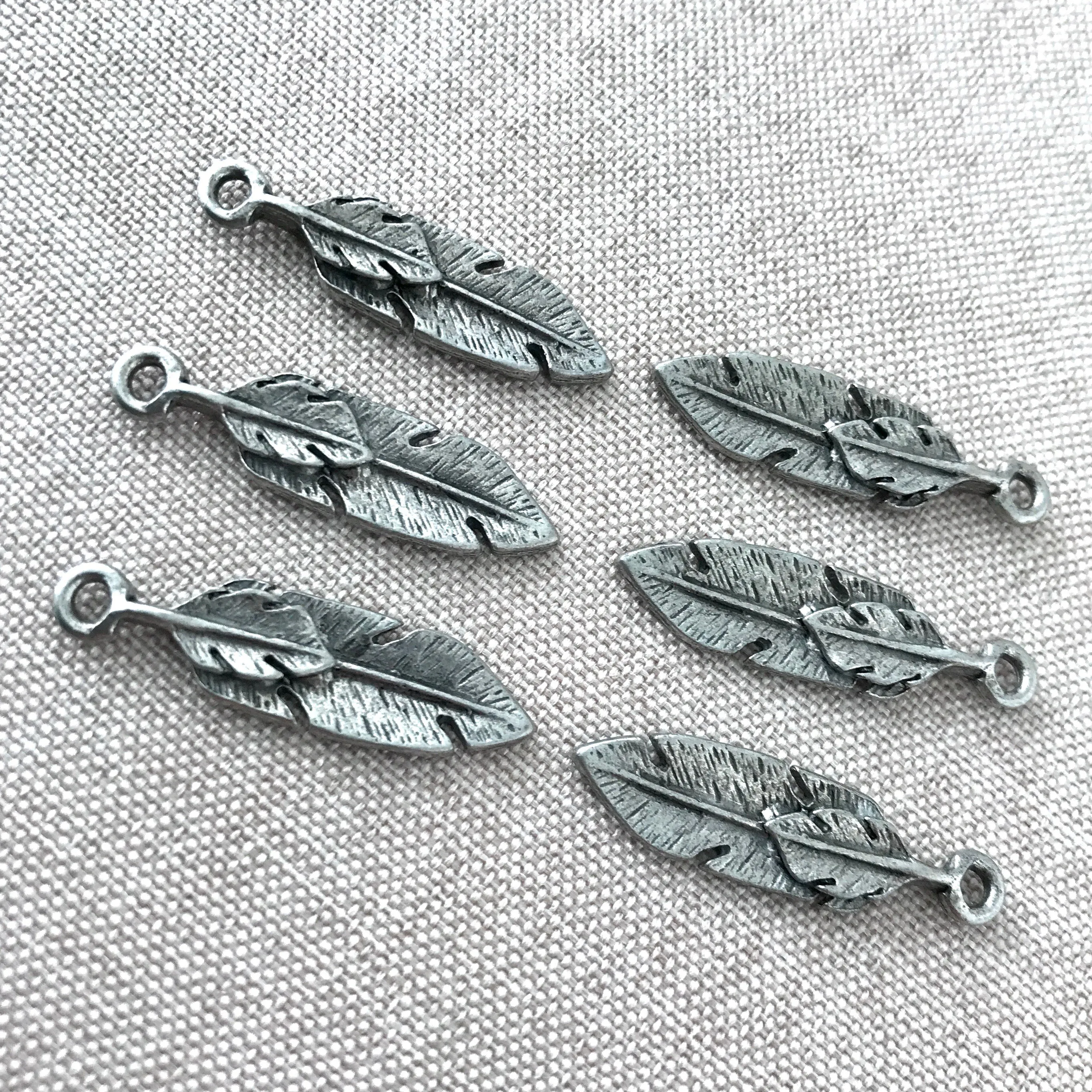 Antique Silver Feather Charms - 30mm - Antique Silver Cast Pewter - Pack of 6 Charms
