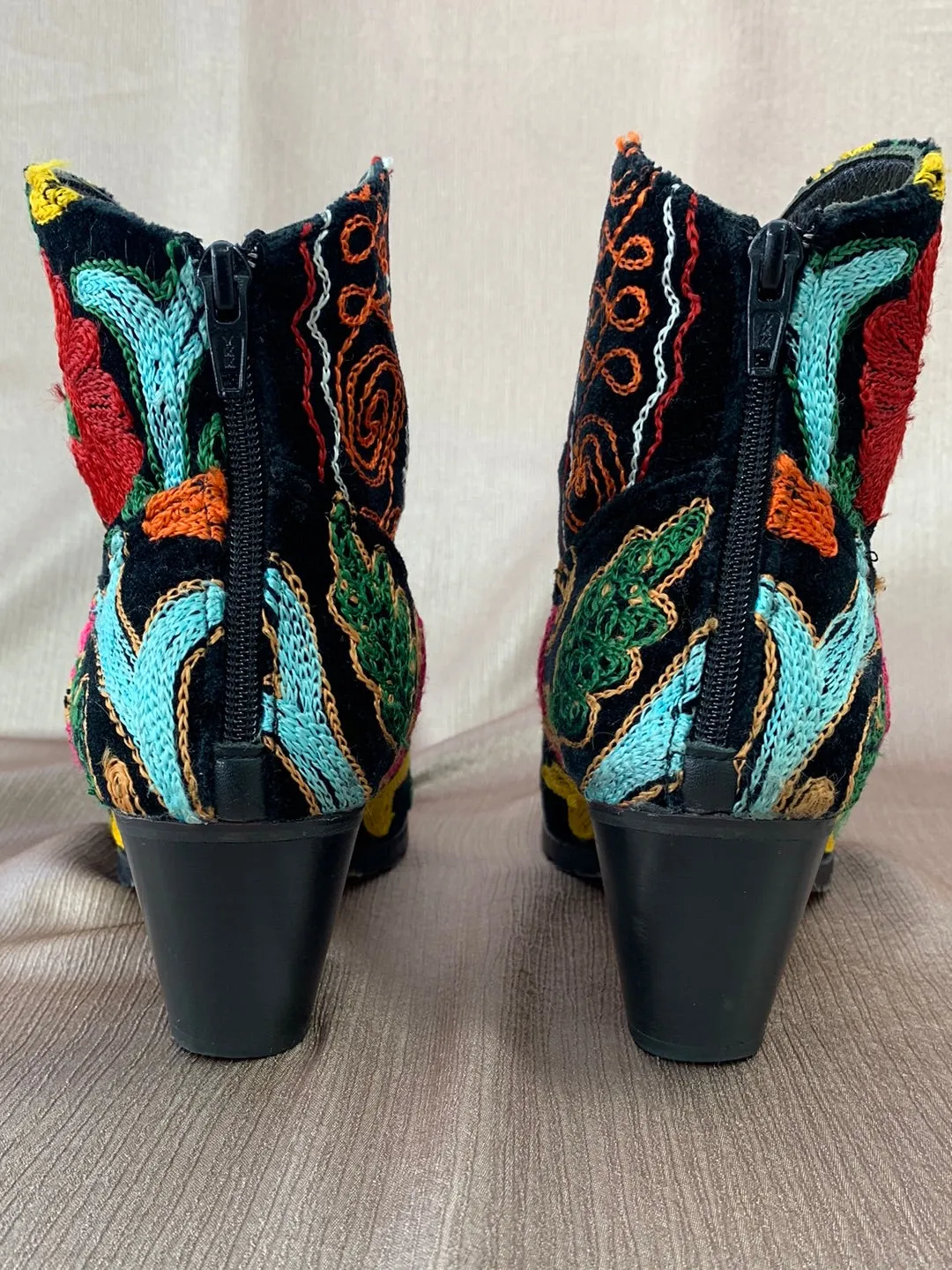 ARTEMIS black multi Velvet Floral Embroidered 2.5" Heel Ankle Boot - 38 (US 7.5)