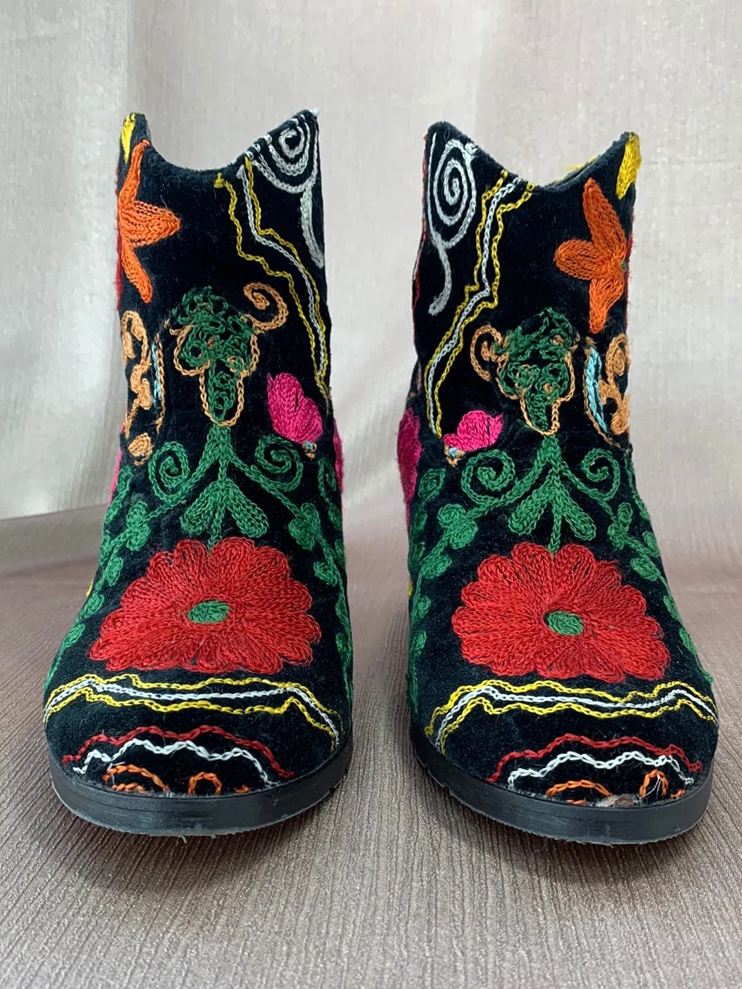 ARTEMIS black multi Velvet Floral Embroidered 2.5" Heel Ankle Boot - 38 (US 7.5)
