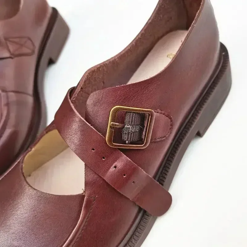 Autumn British Wide Toe Genuine Leather Women's Shoes Mary Janes Breathable Non-slip Cowhide Handmade Loafers Shoes