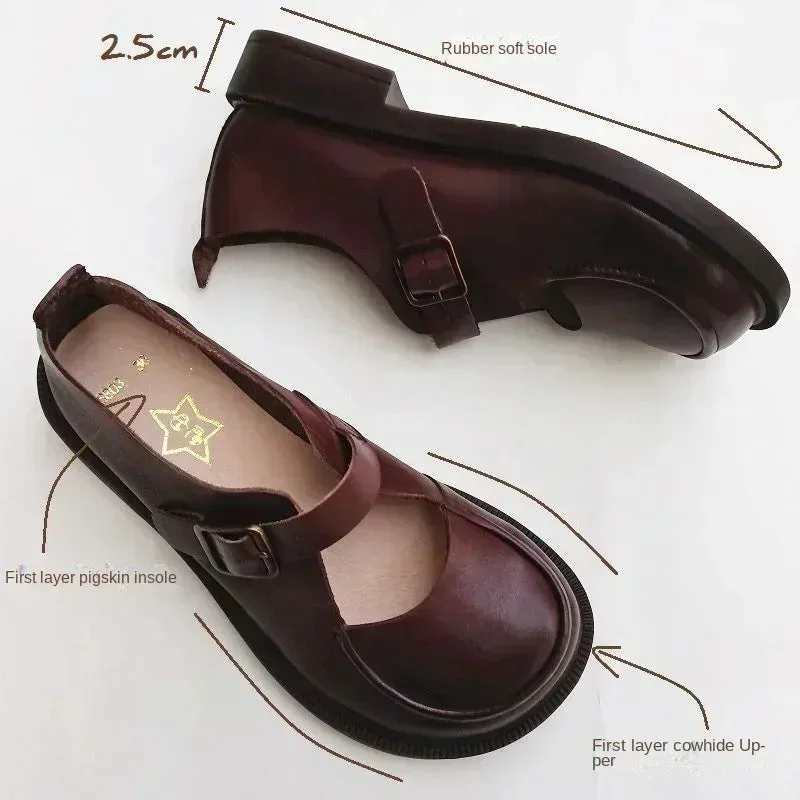 Autumn British Wide Toe Genuine Leather Women's Shoes Mary Janes Breathable Non-slip Cowhide Handmade Loafers Shoes