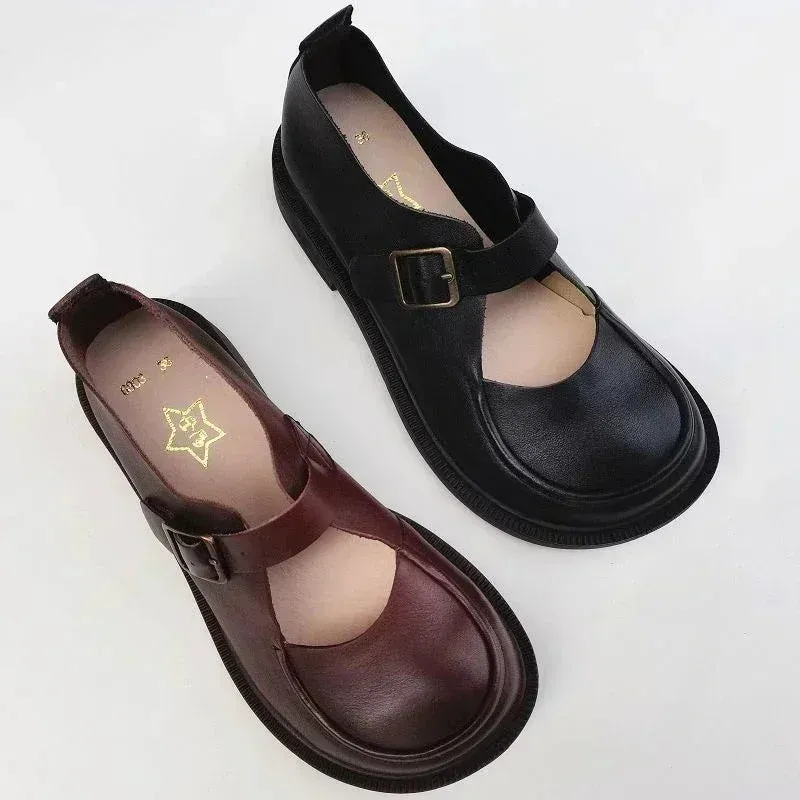 Autumn British Wide Toe Genuine Leather Women's Shoes Mary Janes Breathable Non-slip Cowhide Handmade Loafers Shoes