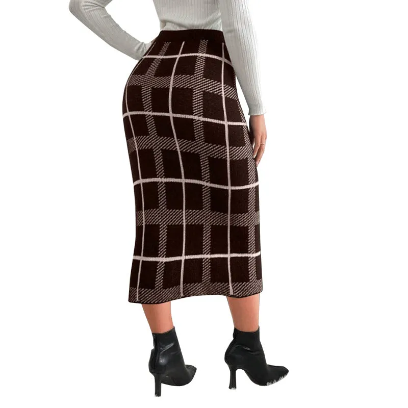 Chic High-Waisted Plaid Pencil Skirt with Side Slit Detail
