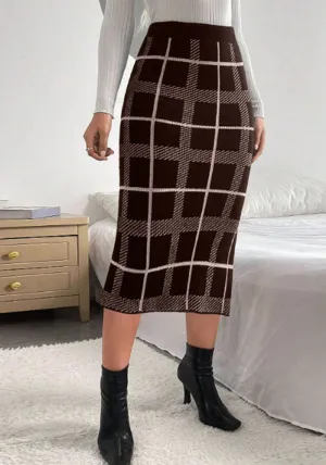 Chic High-Waisted Plaid Pencil Skirt with Side Slit Detail