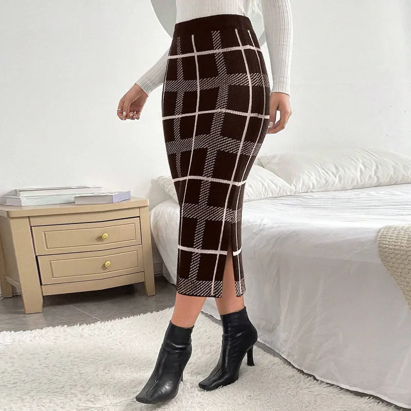 Chic High-Waisted Plaid Pencil Skirt with Side Slit Detail