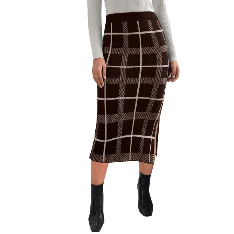 Chic High-Waisted Plaid Pencil Skirt with Side Slit Detail