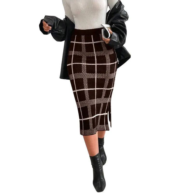 Chic High-Waisted Plaid Pencil Skirt with Side Slit Detail