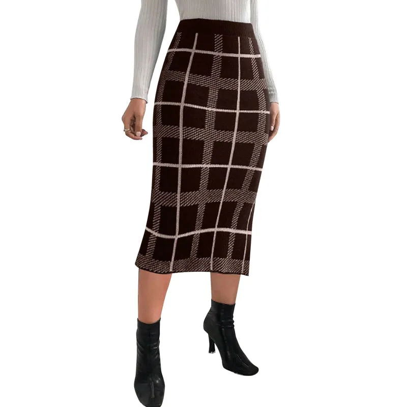 Chic High-Waisted Plaid Pencil Skirt with Side Slit Detail