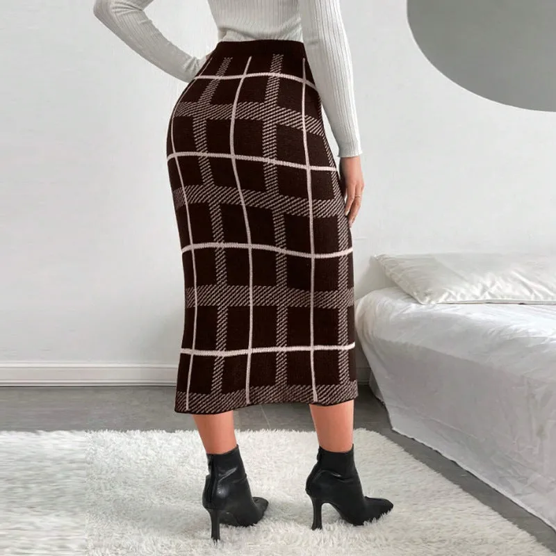 Chic High-Waisted Plaid Pencil Skirt with Side Slit Detail