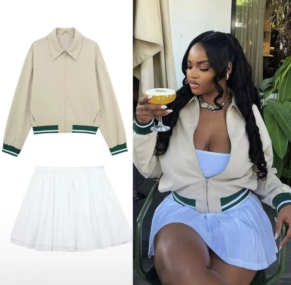 Chic Three-Piece Jacket, Vest, and Skirt Set with Sporty Details