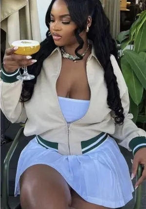 Chic Three-Piece Jacket, Vest, and Skirt Set with Sporty Details