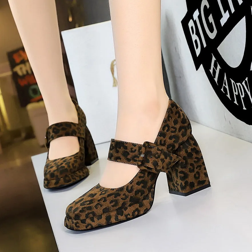 Chunky Heel High Heel Waterproof Platform Suede Leopard Print Shallow Mouth Suede Leopard Print Pumps Shoes