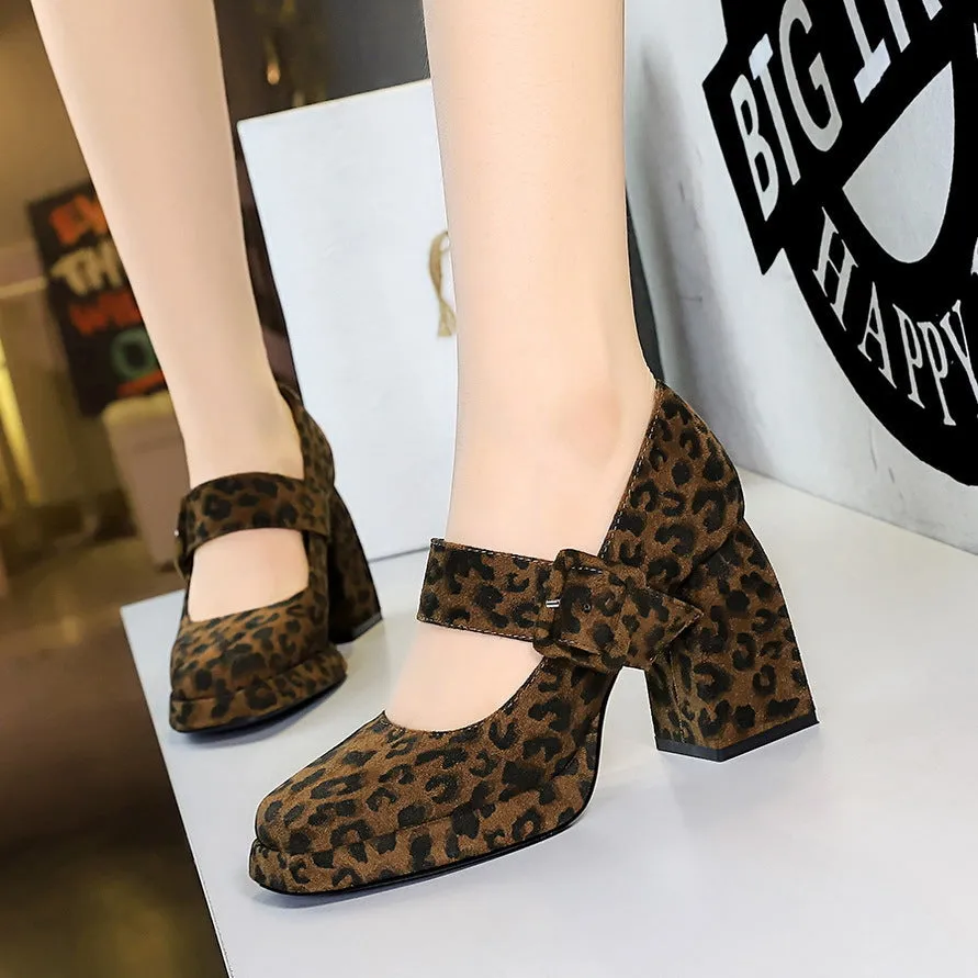 Chunky Heel High Heel Waterproof Platform Suede Leopard Print Shallow Mouth Suede Leopard Print Pumps Shoes