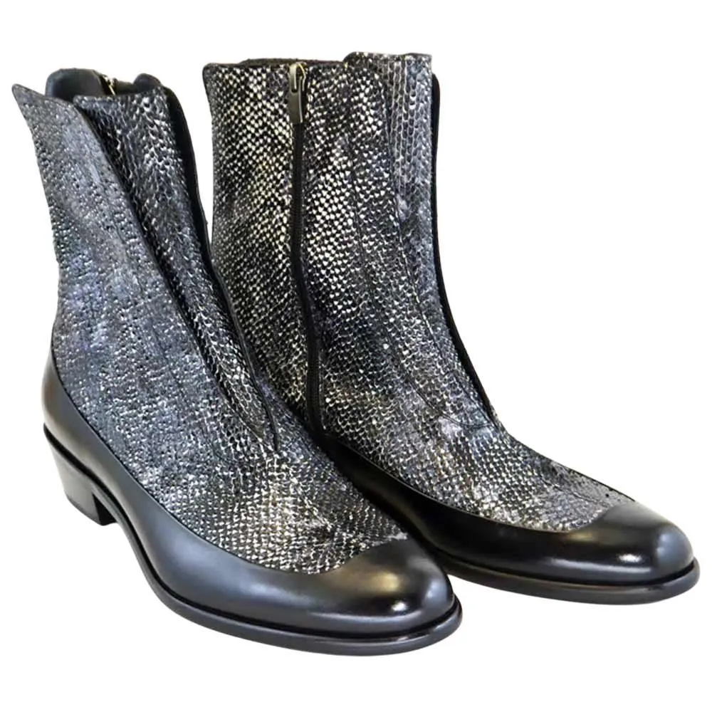 Corrente Men’s Black & Grey Python Mid-Calf Pointed Toe Leather Boot