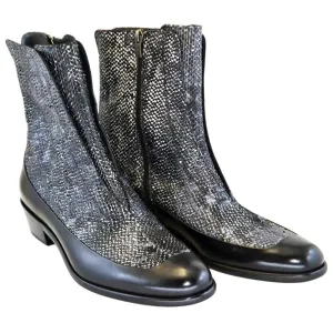 Corrente Men’s Black & Grey Python Mid-Calf Pointed Toe Leather Boot