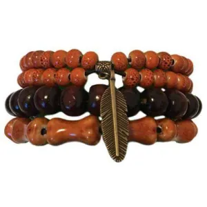 Feather Charm With Pumpkin Ceramic And Wooden Bead Hippie Bracelet Set