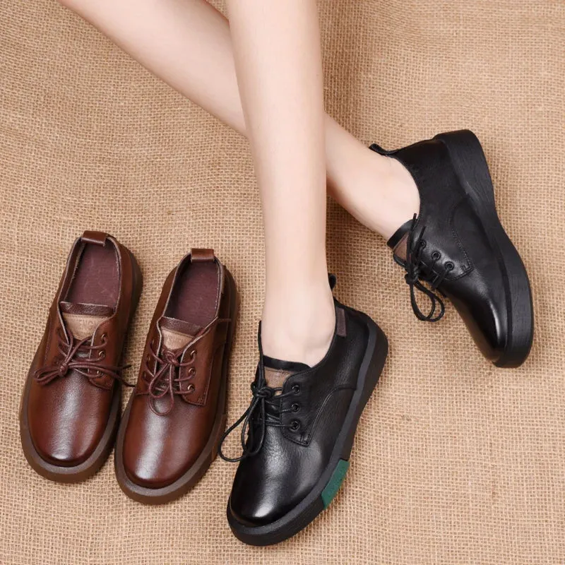 GKTINOO Sneakers Women Genuine Cow Leather Round Toe Lace-Up Ladies Retro Casual Flat Shoes Handmade Loafers