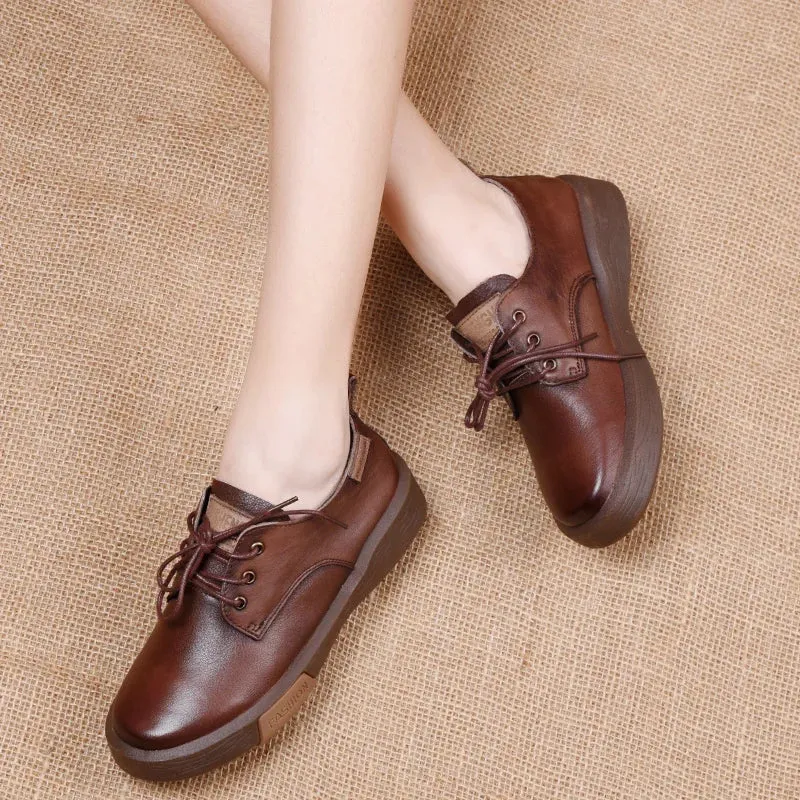 GKTINOO Sneakers Women Genuine Cow Leather Round Toe Lace-Up Ladies Retro Casual Flat Shoes Handmade Loafers