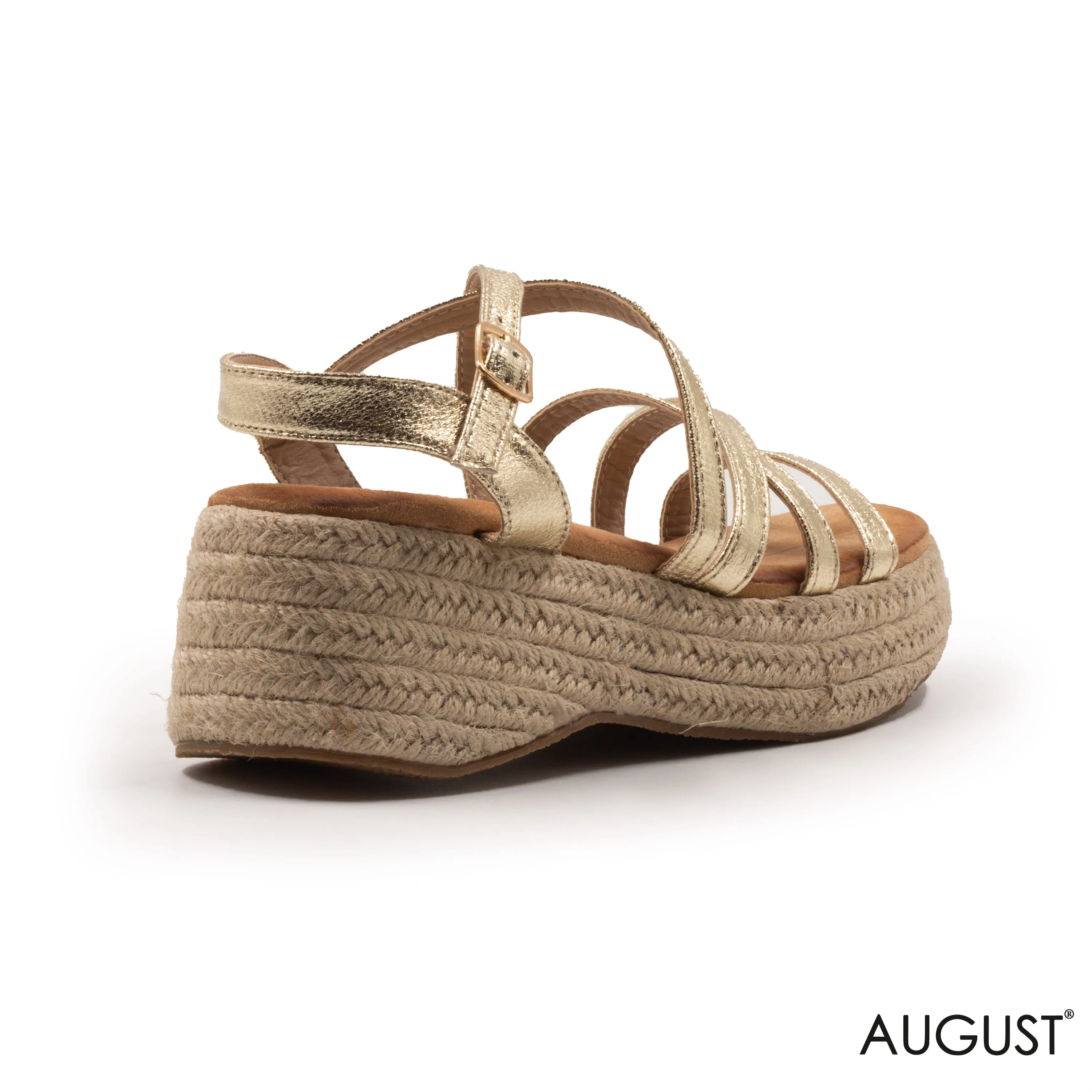 GOLD LEATHER STRAPPY SANDALS WITH WEDGE SOLE