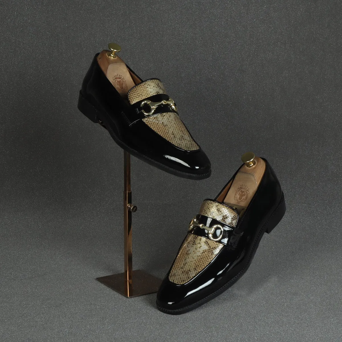Golden Snake Textured Loafer in Black Patent Leather