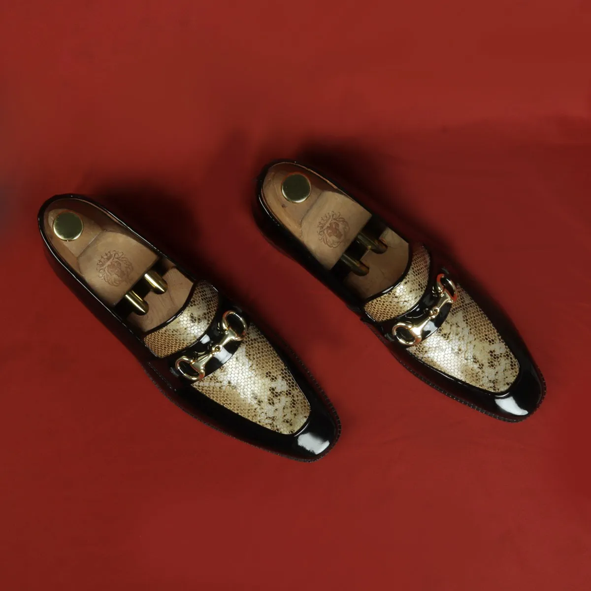 Golden Snake Textured Loafer in Black Patent Leather