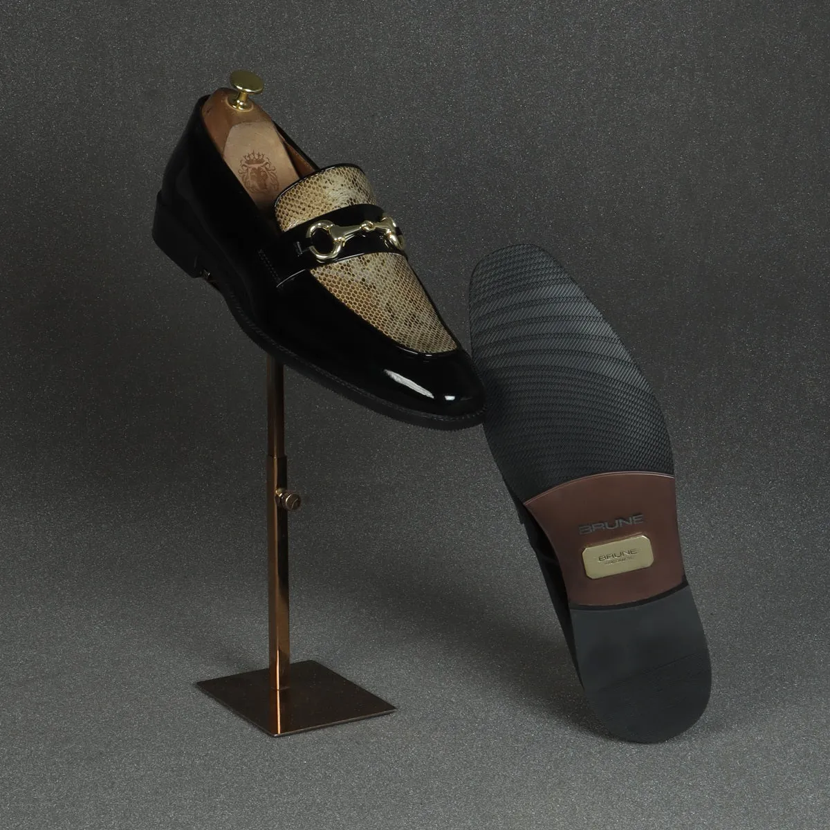 Golden Snake Textured Loafer in Black Patent Leather