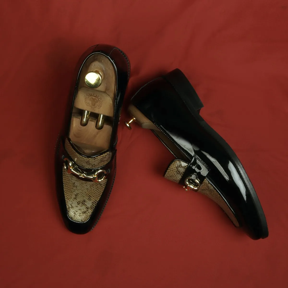 Golden Snake Textured Loafer in Black Patent Leather