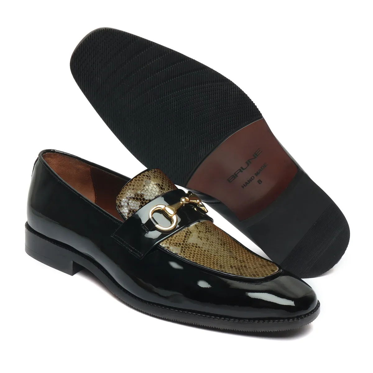 Golden Snake Textured Loafer in Black Patent Leather