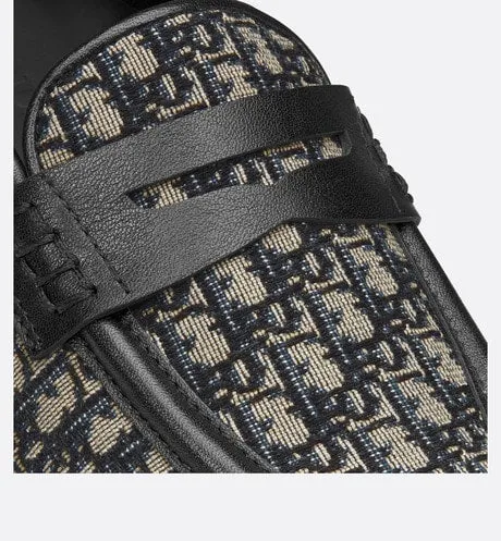 Kid's Loafer • Beige and Blue Dior Oblique Jacquard and Black Smooth Calfskin