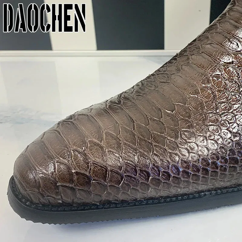 Luxury Men Mid-Calf Boots High Grade Python Print Shoes Casual Mens Dress Boots Winter Leather Chelsea Boots Shoes Men