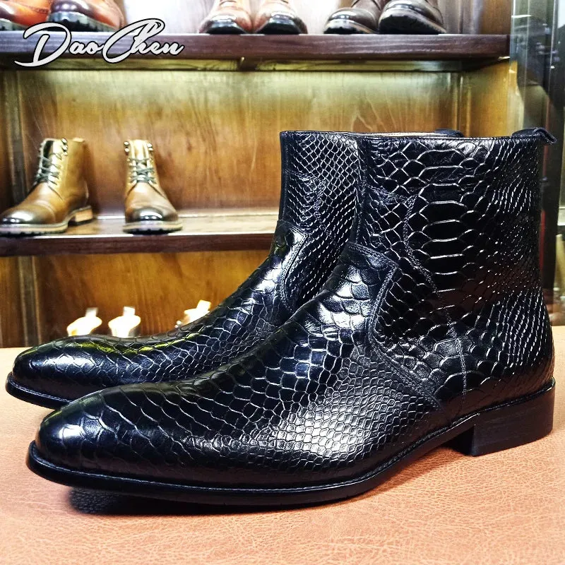 Luxury Men Mid-Calf Boots High Grade Python Print Shoes Casual Mens Dress Boots Winter Leather Chelsea Boots Shoes Men