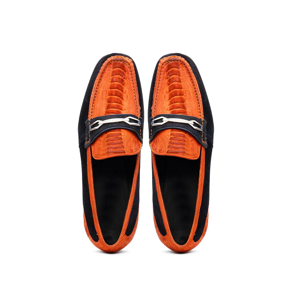 Marco Di Milano Hugo in Orange / Navy Sueded Ostrich Leg Bit Loafers