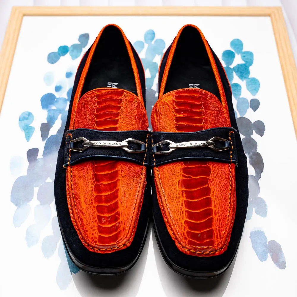 Marco Di Milano Hugo in Orange / Navy Sueded Ostrich Leg Bit Loafers