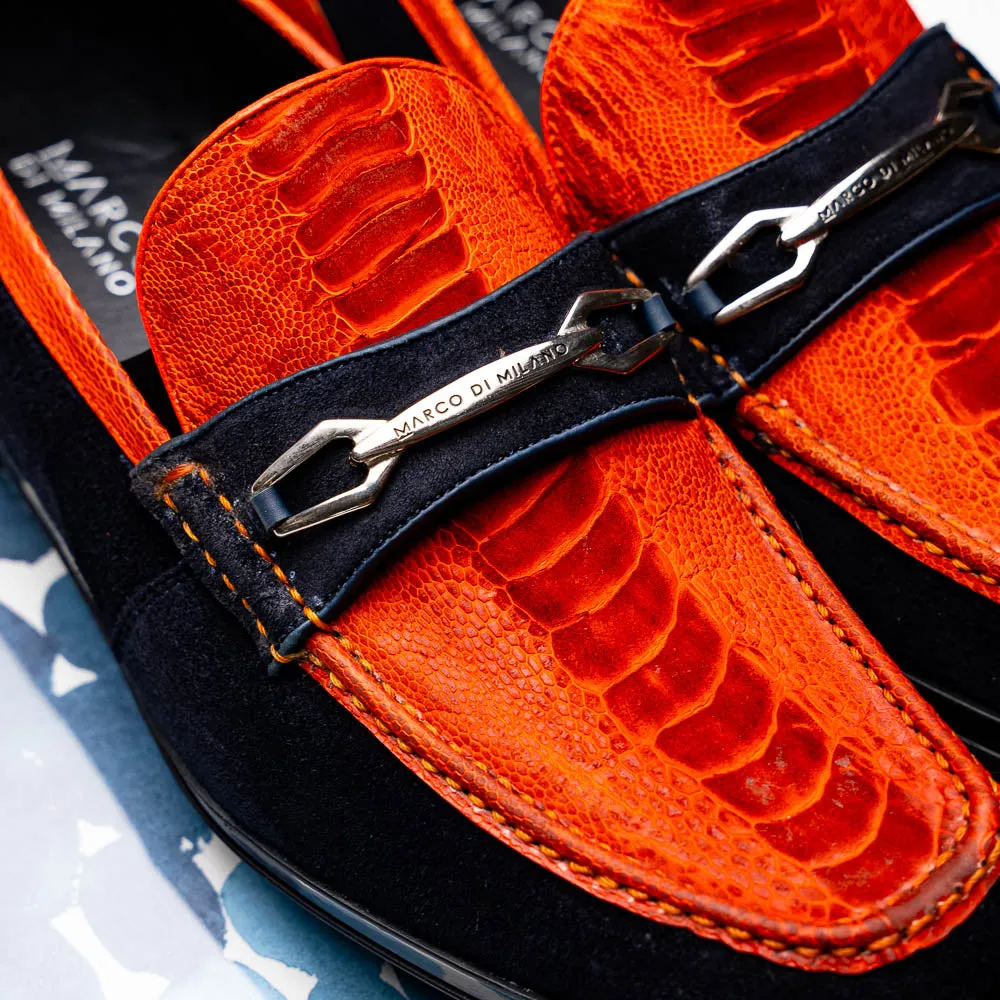 Marco Di Milano Hugo in Orange / Navy Sueded Ostrich Leg Bit Loafers