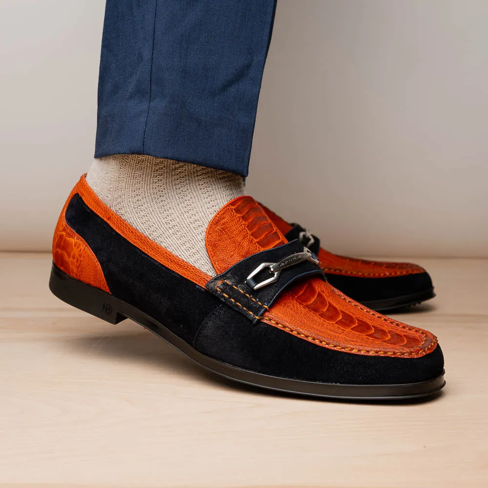 Marco Di Milano Hugo in Orange / Navy Sueded Ostrich Leg Bit Loafers