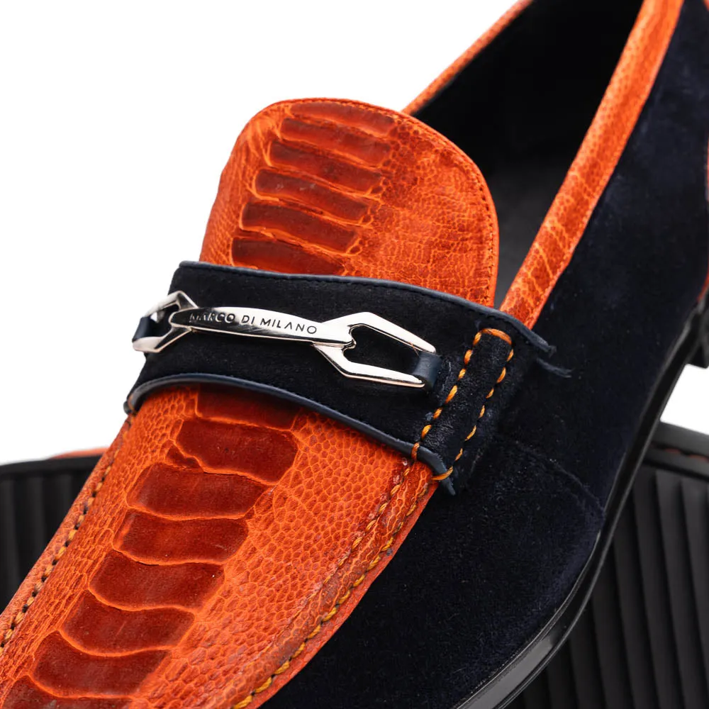 Marco Di Milano Hugo in Orange / Navy Sueded Ostrich Leg Bit Loafers
