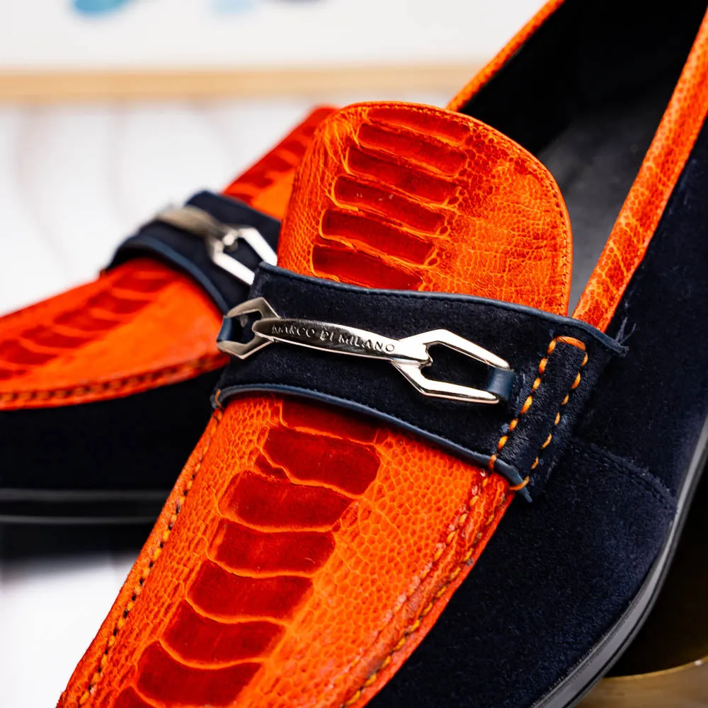 Marco Di Milano Hugo in Orange / Navy Sueded Ostrich Leg Bit Loafers