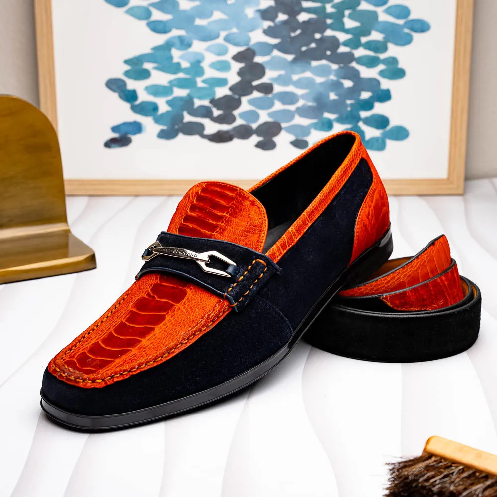 Marco Di Milano Hugo in Orange / Navy Sueded Ostrich Leg Bit Loafers