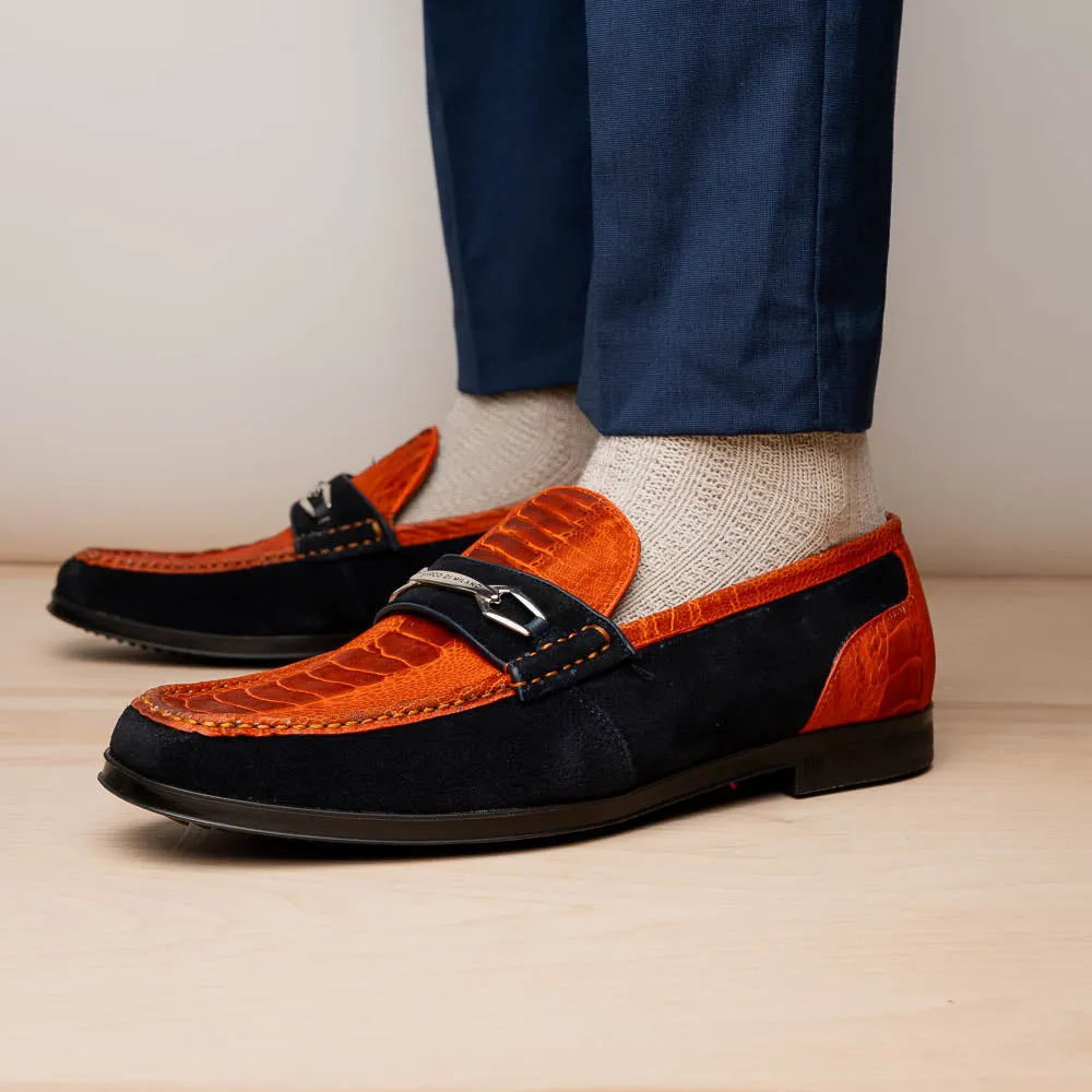 Marco Di Milano Hugo in Orange / Navy Sueded Ostrich Leg Bit Loafers