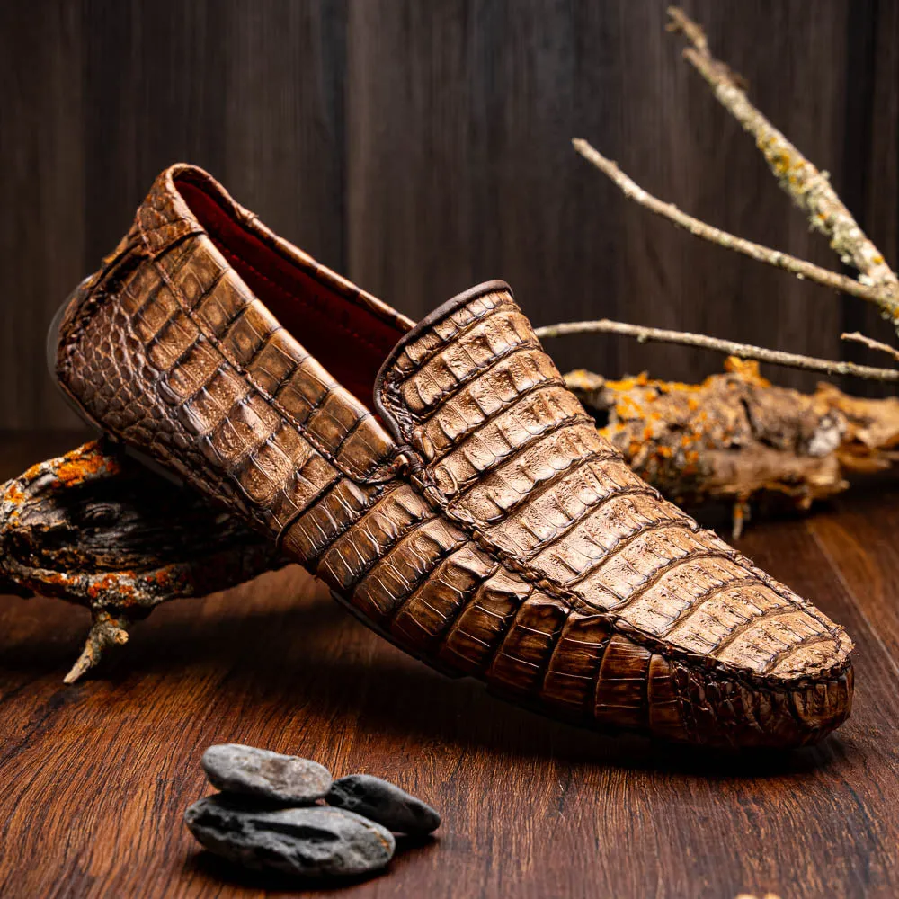 Marco Di Milano Remo in Stone Washed Brown Caiman Driver Loafers