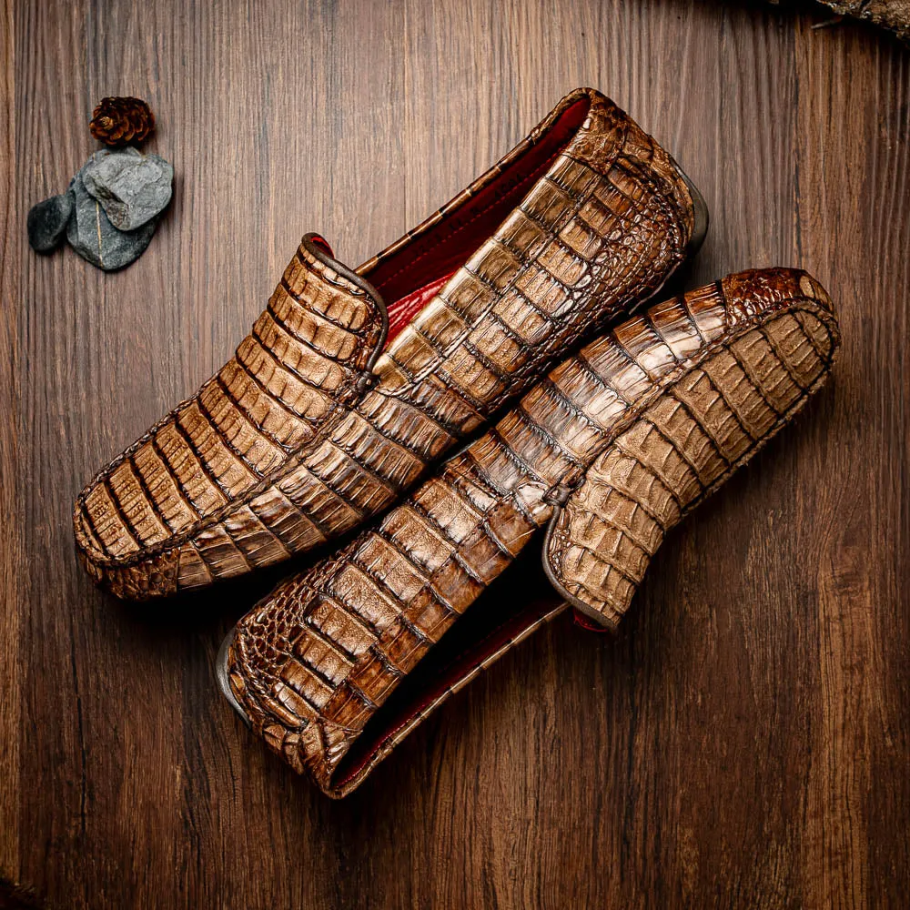 Marco Di Milano Remo in Stone Washed Brown Caiman Driver Loafers
