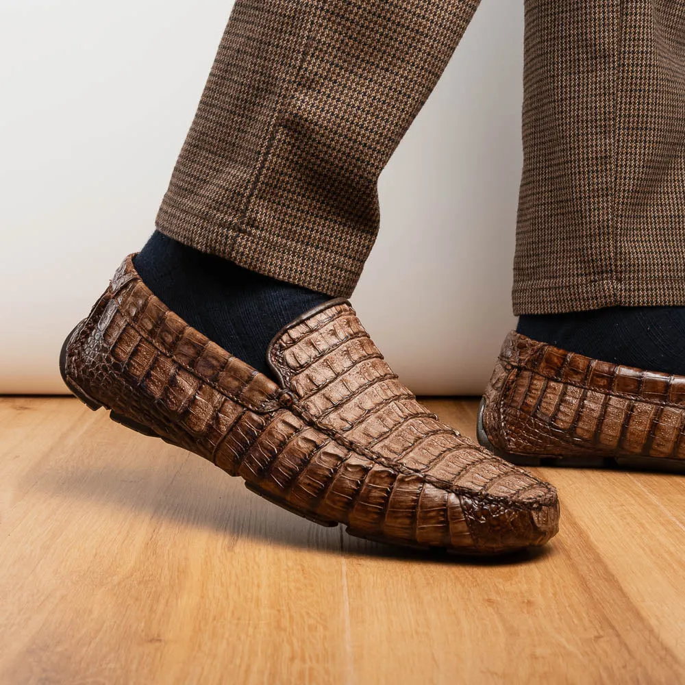 Marco Di Milano Remo in Stone Washed Brown Caiman Driver Loafers