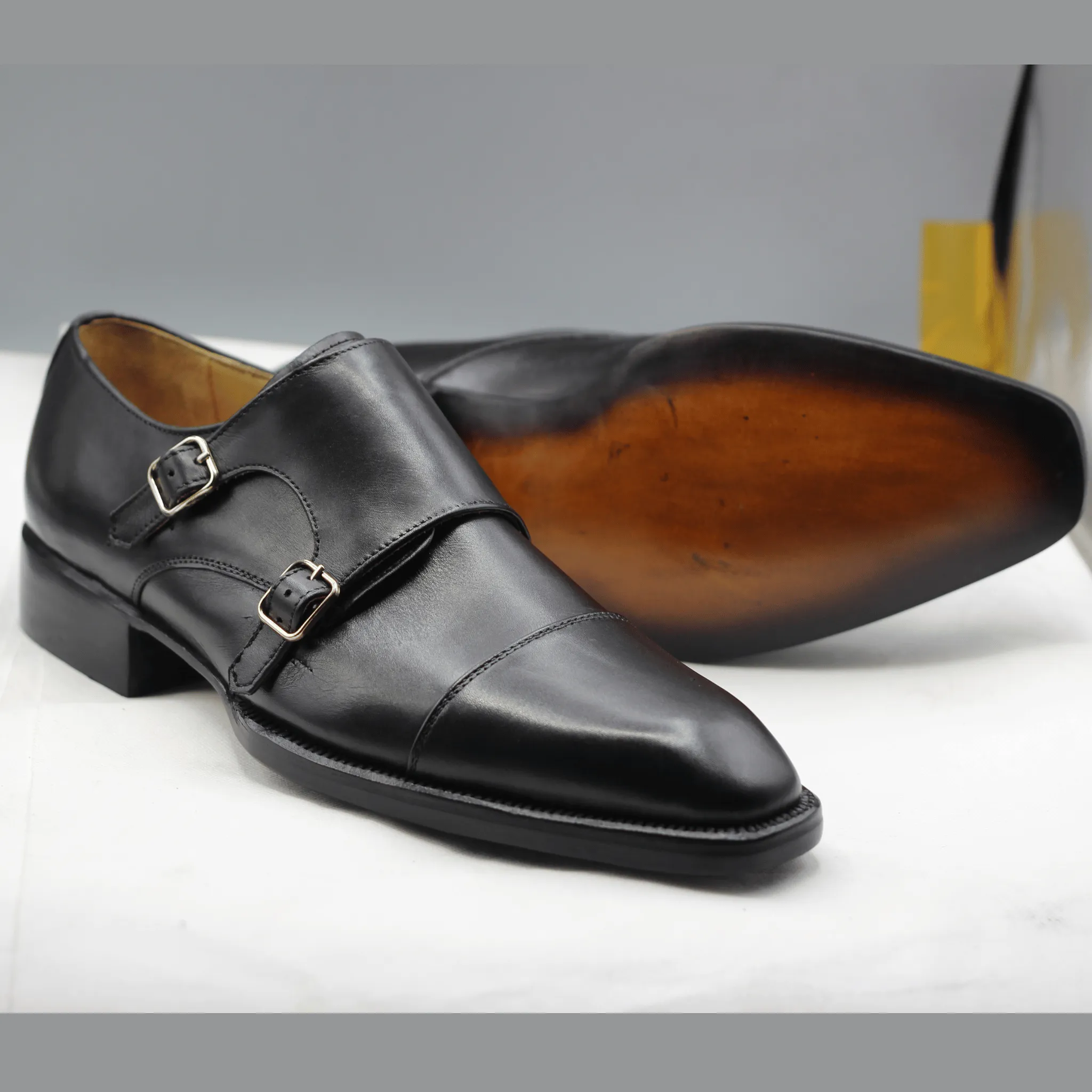 Men's Black Leather Monk Strap Shoes – Handmade Luxury Formal Footwear Elegant Handmade Leather Monk Strap Shoes – Stylish Dress Shoes for Men