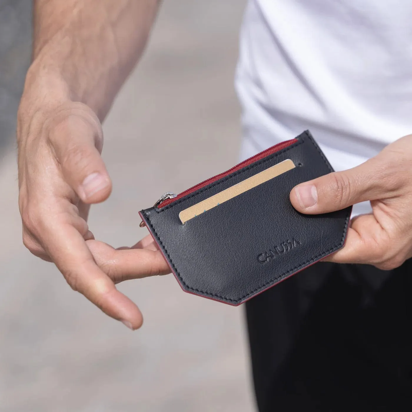 Minimal Vegan Leather Card Holder | Black & Red