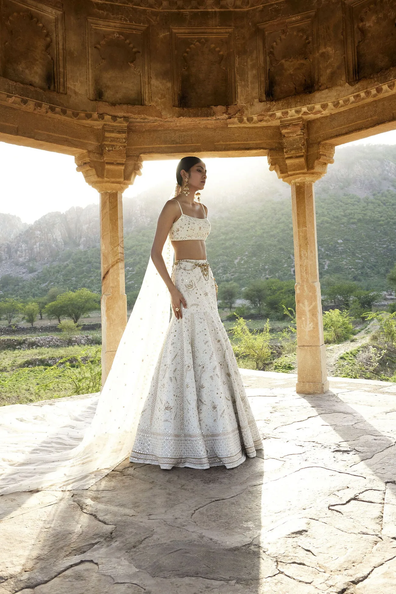 NAYAAB MIRROR & ZARDOZI SILK SKIRT SET - IVORY