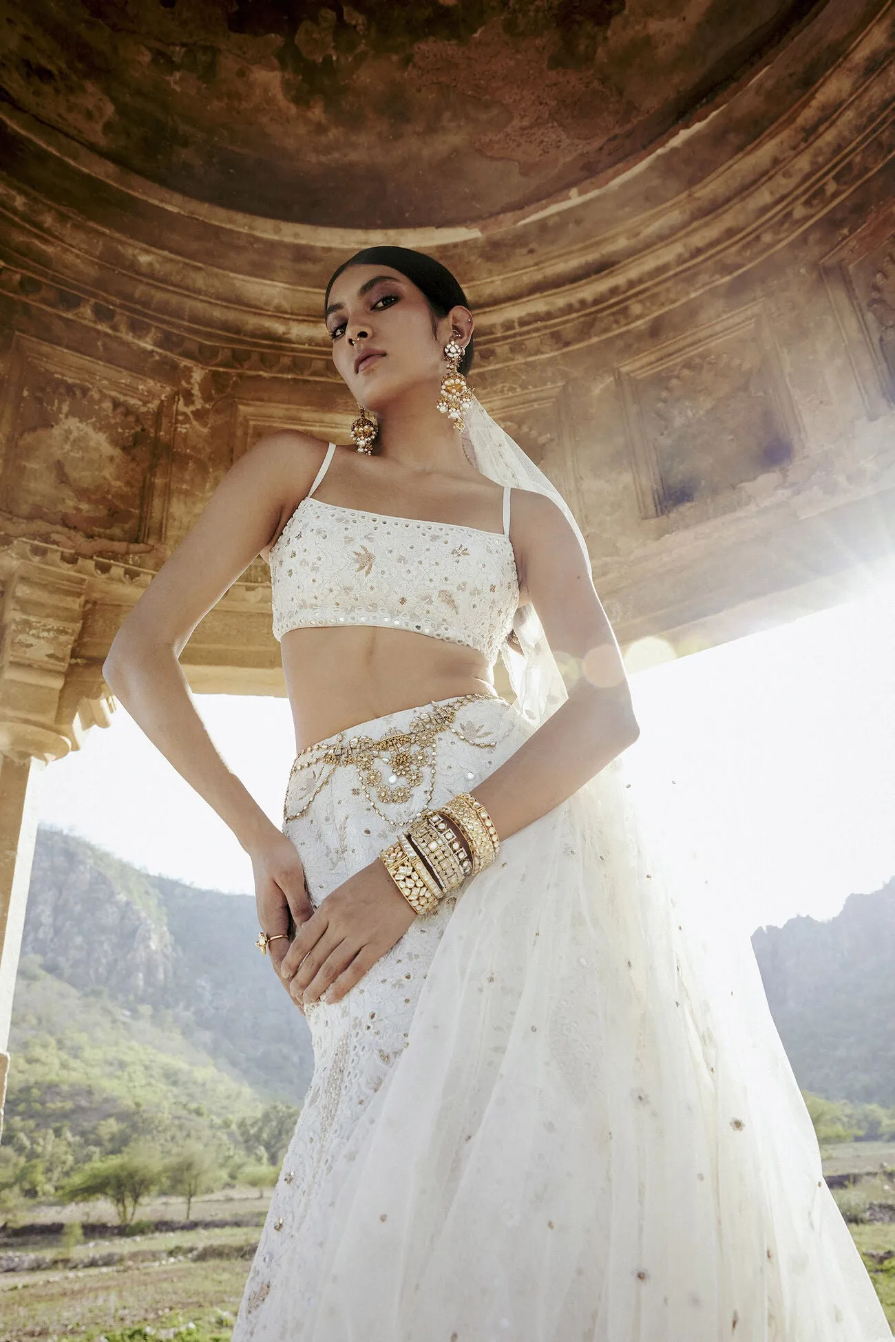 NAYAAB MIRROR & ZARDOZI SILK SKIRT SET - IVORY