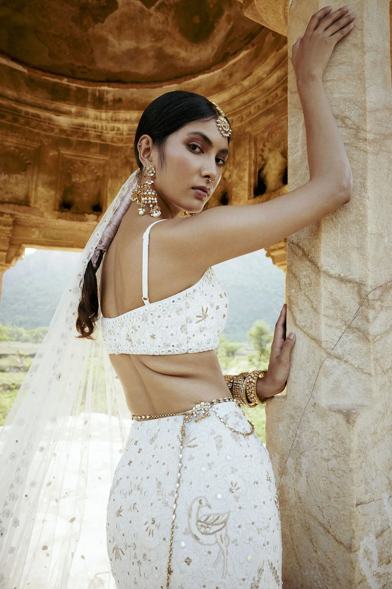 NAYAAB MIRROR & ZARDOZI SILK SKIRT SET - IVORY